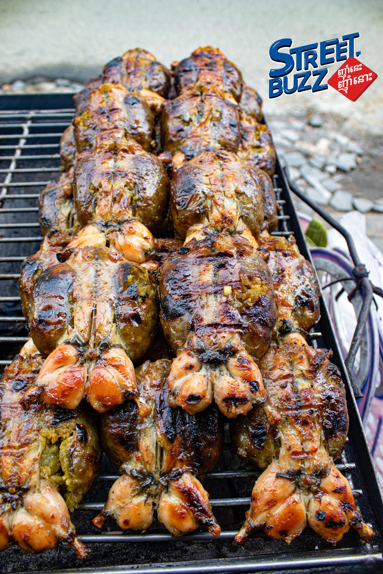 The grilled stuff frogs, infamous Cambodian delicacy, can be found